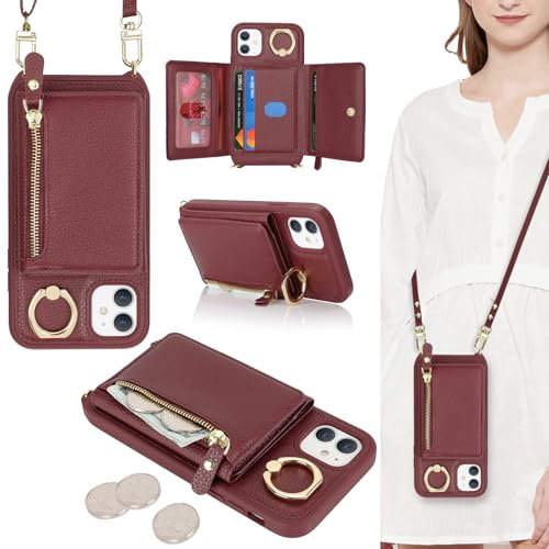 ELTEKER Mobile Phone Case for iPhone 11, Case with Strap, Card Slot, Mobile Phone Chain Ring Holder, Wallet, Leather Flip Case, Shoulder Bag, Mobile Phone Case for iPhone 11 - Wine Red