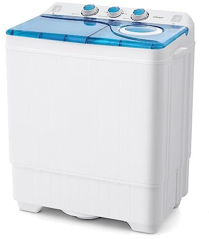 GYMAX Lavatrice a 2 Vasche con Capacità di Lavaggio da 6,5 KG e Capacità di Centrifuga da 2 KG, Lavatrice Portatile 280 W con Timer per Appartamento, Dormitorio, Campeggio, Blu/Nero (Blu + Bianco)
