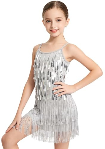 LOLANTA Traje de Baile con Flecos de Lentejuelas para Niñas, Conjunto de Baile Latino para Niños Salsa Rumba, Brillantes Minivestido Flecos de Baile Sin Mangas con Pantalón Corto