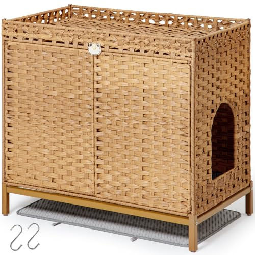SETVSON Cat Litter Box Enclosure Furniture, Rattan PE Kitty House, Natural | Handwoven PE Rattan with 2 Soft Mats, Heightened Metal Feet, 2 S-Hooks, 30.3 x 18.3 x 28 In Spacious Interior Kitty Cabinet