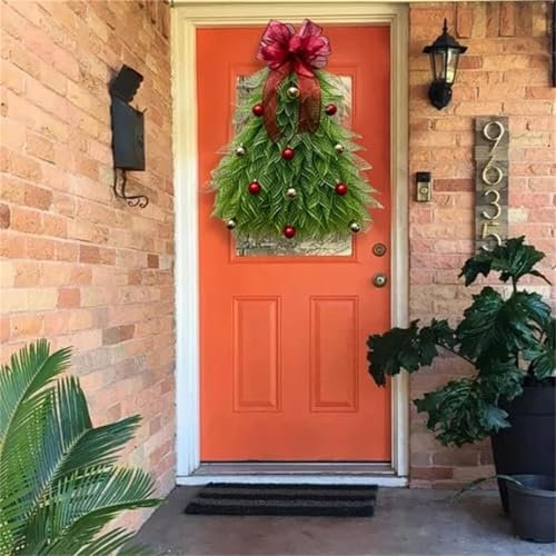 Christmas Tree Wreath for Front Door Christmas Wreath with Lights Large Xmas Tree Garland with Ball Ornsments Light up Christmas Wreath Hangers Farmhouse Christmas Wreath Holiday Decor (with light)