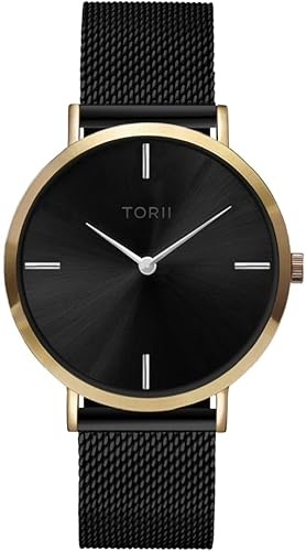 TORII Unisex-Uhr Schwarz Edelstahl - rund Quarz G38BM.BS Milanaise-Armband Strichindizes wasserdicht 50 m