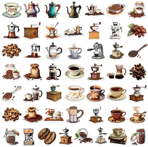 50 Stück Kaffee Aufkleber, Coffee Vintage Sticker Set, Schöne Aesthetic Kaffee Theme, Wasserdichte Vinyl Sticker Aufkleber, für Scrapbook, Laptop, Teenager, Mädchen, Erwachsene
