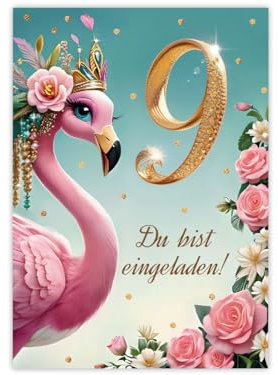 JuNa-Experten 12 Einladungskarten zum 9. Kindergeburtstag Mädchen Flamingo coole bunte Einladungen neunte Geburtstag Mädchengeburtstag