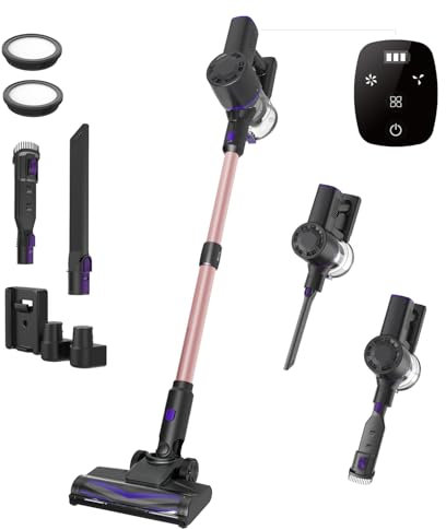 Vexilar Aspirateur Balai sans Fil V8PRO, Aspirateur sans Fil Puissant 35Kpa, 40 Min d'Autonomie, Écran LED, Filtration Cyclonique 4 Étapes, Aspirateur Balai pour Sols Durs/Tapis -Rose