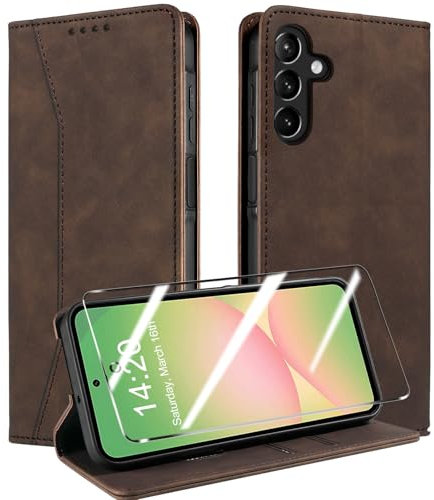 QHOHQ Handyhülle für Samsung Galaxy A56 / A36 5G Hülle mit Panzer Glas, Premium Leder Schutzhülle, [RFID Blockierung], Magnet Klappbar Flip Case Tasche, Multifunktional, Stoßfest-Kaffee
