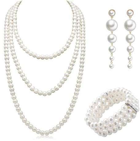ZXJLWR Perlenkette Damen, 3 Stück 20er Jahre Kostüm Damen, Elegant Perlen Schmuck, 3-Row Stretch Bead Armband MIT Perlen Ohrringe, Perlenschmuck Set Damen Für Party, Prom, Wedding