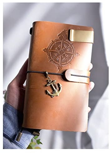 IUBGFTO Kompass Journal Reise Notebook Echtes Leder Retro Tagebuch Rindsleder Abdeckung DIY Geschenk Mit Stift Clip