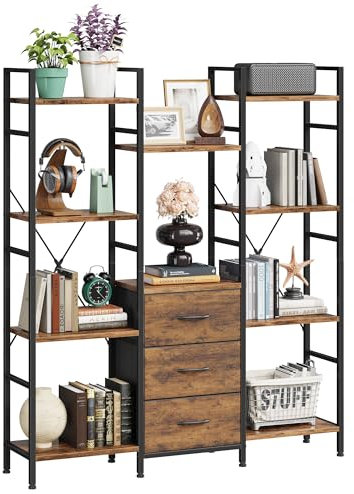 120W x142Hcm Bücherregal mit 4 Stoffschubladen, Standregal Bücher Regal Küchenregal für Wohnzimmer Büro Balkon Bookshelf Würfelregal Kitchen Storage Shelf Lagerregale Bookcase, Industrial Holz Style