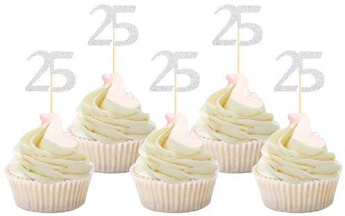 Sotpot 30 Pack Happy 25th Birthday Cupcake Toppers 25 Years Cupcake Decorations for 25th Birthday Anniversary Party Supplies Silver Glitter
