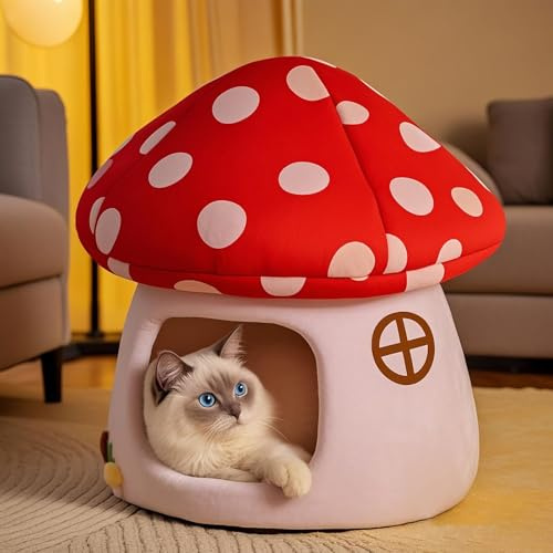 Pilz-Katzenbett mit Abnehmbarem Kissen, Weich und warmes Katzenkissen, Kuschelhöhle, für Katzen oder kleine Hunde (50x47cm, Rot)