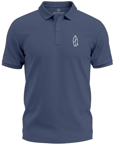 Neverless® Poloshirt Herren mit Surfbrett Print Kurzarm Polohemd aus Baumwolle Surfer Style mit Logoprint Modern Fit Denim L