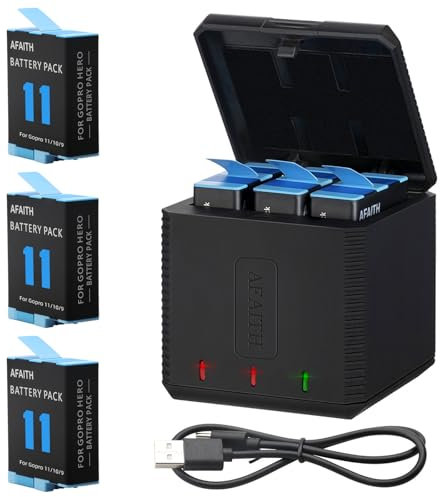 AFAITH 3 Baterías Cargador Accesorio para Hero 9/10/11/12 Black, 3 Baterías de Iones de Litio Organizador de Almacenamiento de Carga con Cable USB Tipo C para Go Pro Hero 12/11/10/9