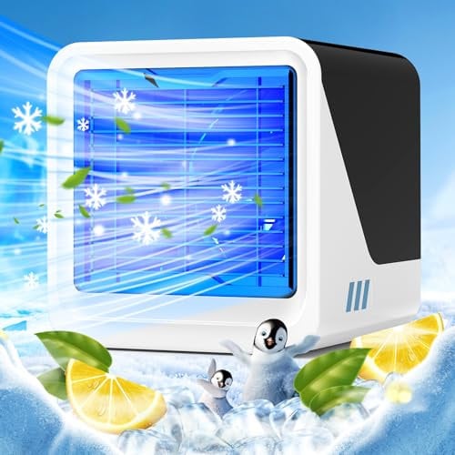Klimaanlage Mobil, 3 in 1 USB Ventilator mit Wasserkühlung 500 ml Wassertank 3 Drehzahlen 7 Farblichter, Mobiles Klimagerät Mobile Klimaanlage Ohne Abluftschlauch, Luftkühler für Schlafzimmer Büro