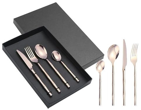 ASumPio Ménagère De 4/16/24/32/40/48 Pièces en Acier Inoxydable 304 avec Couteau, Fourchette Et Cuillère Et Manche en Bambou, Or Rose (8 Pièces),Rose Gold-1Set