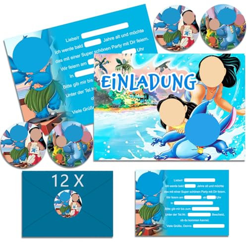 YOGARTH 12x Einladungskarten Kindergeburtstag mit Umschlag Deutsch, Cartoon Einladungskarten Geburtstag Set, Geburtstagseinladungen Kinder für Themed Party (A6) (A)