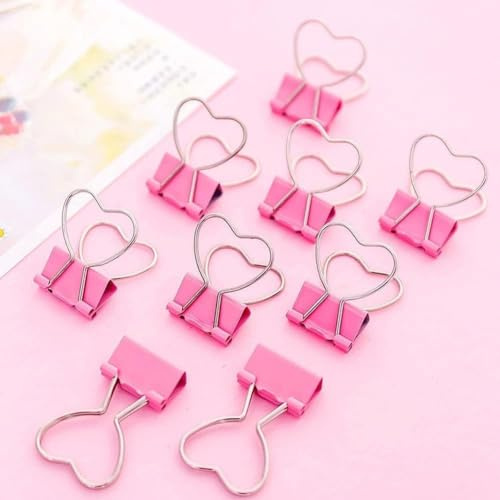 Pinke Binder-Clips, 10 Stück, rosa Clip, Herz, hohl, Metall, Binder-Clips, Notizen, Briefe, Bürobedarf, Bürobedarf, Büroklammern, Clips für Papierarbeiten, Zuhause, Büro und Schulbedarf