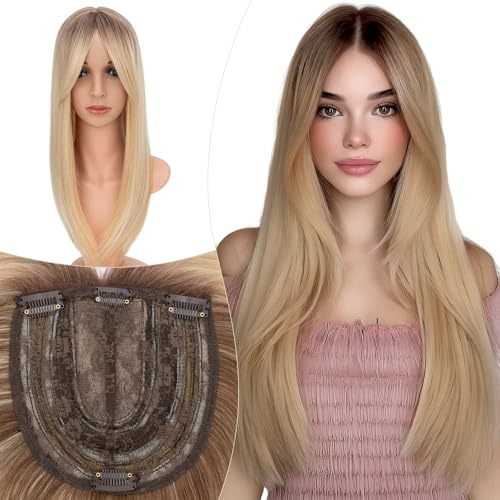 Elailite Hair Topper Clip In Haarteile Haartopper mit Pony Mittelbraun/Honigblond/Blassblond, Extensions Für Dünnes Haar Oberkopf Haarteil Toupet Frauen Haarverlängerungen Lace 15cmx15cm (45cm, 175g)