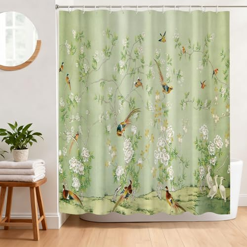 BREASOME Duschvorhang 180x180 cm Anti-Schimmel Duschvorhang Blumen Zweige und Vogel Muster Stoff Polyester Wasserdicht Badewanne Vorhang mit Ösen und 12 Haken