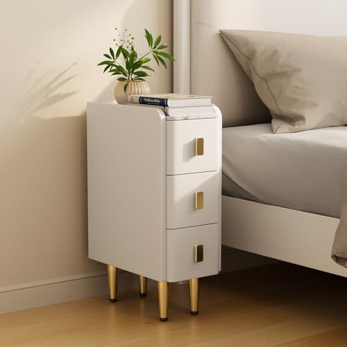 AQIMUELE Nachttisch, schmal, Holz Beistelltisch mit 3 Schubladen, Oberfläche in edlem Lederlook für stilvolle Optik, Nachtschrank für Schlafzimmer, Wohnzimmer (Weiß - Breite 20cm)