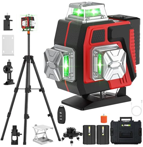 Kreuzlinienlaser Grün 16 Linien, 4 x 360 °Laser Wasserwaage Selbstnivellierend mit 2 x 4800mAh Batterie, Verstellbares Stativ, Drehfuß, Fernbedienung und Gehäuse, IP54 Wasser und Staubdicht (Schwarz)