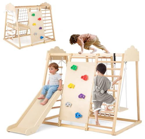 HOMASIS Klettergerüst Indoor, 8 in 1 Kletterdreieck mit Rutsche Schaukel Strickleiter Kletterleiter Kletternetz Kletterfelsen & Affenstangen, Spielplatz Kletterspielzeug Holz ab 3 Jahren (Natur)