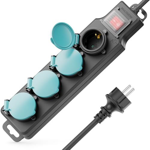 deleyCON Multiprise Extérieure 4 Prises - avec Interrupteur - IP44 avec 3,0m Câble - Bloc Multiprise pour Usage Extérieur 4X Connexions avec Couvercle - Idéal pour Jardin Terrasse Balcon Cave Garage