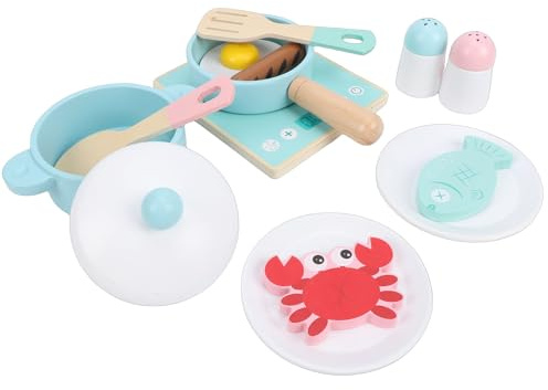 Tomantery Ensemble de Cuisine de Jeu en Bois, Accessoires de Cuisine Réalistes pour Enfants, Batterie de , Ensemble de Jouets avec Casseroles et Assiettes pour de Jeu en Bas âge