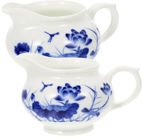 HAMPPLIES Ceramic Gravy Boat 2Pcs Blue and White Porcelain Sauce Pitcher for Everyday Use and Housewarming Party with Handle for Coffee Frothing and Salad Dressings