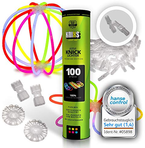 KNIXS 100x Knicklichter für Armbänder im 6 Farb-Mix leuchtend, inkl. 100x 3D-Verbinder und je 2x Ball- und 7-Lochverbinder für Party, Geburtstag, Festival oder Hochzeit - Markenqualität