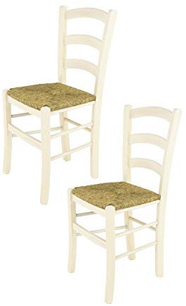 t m c s Tommychairs - 2er Set Stühle Venice für Küche und Esszimmer, robuste Struktur aus lackiertem Buchenholz in Anilinfarbe Weiss und Sitzfläche aus Stroh