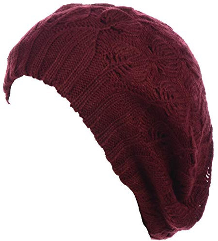 BYOS Damen Baskenmütze, mittelschwer, lässig, mit Blättern, Cutout, gehäkelt, weich, gestrickt - Rot - Einheitsgröße