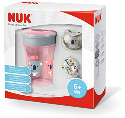 NUK Magic Cup & Set, Magic Cup Trinklernbecher, Space Schnuller & Schnullerkette, 6+ Monate, BPA-frei, Koala/Rosa, 3 Stück