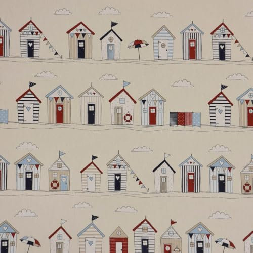 Fryett`s Dekostoff Baumwolle Maritim Strandhäuschen ecru blau rot 138