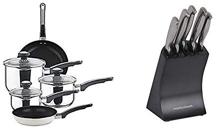 Prestige - Everyday - Cookware Set Stainless Steel - 5 Piece - Non Stick & Morphy Richards Accents Knife Block, Satin, Stainless Steel Finish, Translucent Black, 5 Piece