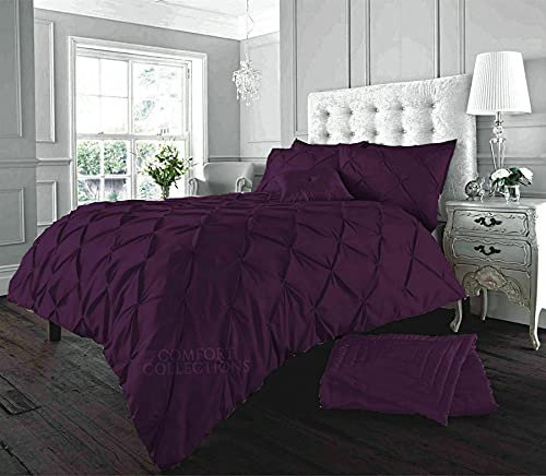 Luxury Alford Alexander Pin Tuck Pinch Pleat Duvet Quilt Cover Reversible Diamond Bedding Set With Matching Pillowcases Plum King 230cm x 220cm Approximate