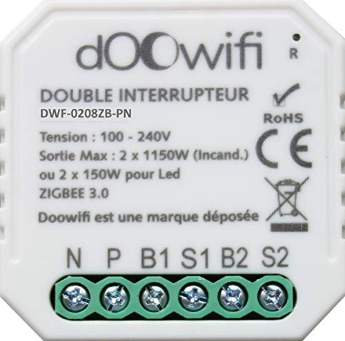 DWF-0208ZB-PN-MP : Module ZIGBEE Double interrupteur 230V compatible Smart Life, Tuya, Konyks, Nedis, ...Encastrable dans une boîte d'encastrement standard.