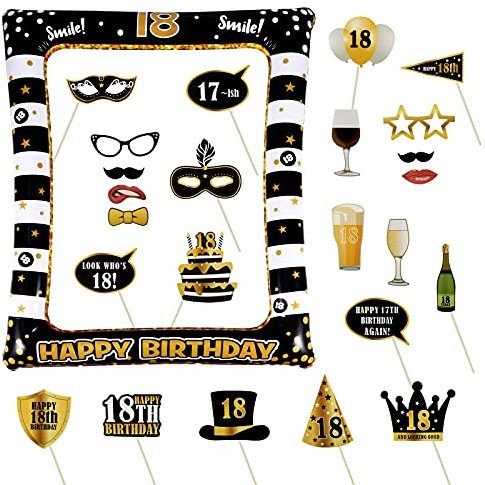 18th Birthday Party Inflatable Frame and Photo Booth Props for Her Him Birthday Gold Black Decorations Family Fun Holiday Party Supplies