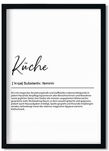 Urhome Kunstdruck Definition Küche mit Bilderrahmen Schwarz in DIN A4 - Worterklärung wie im Duden Lexikon Wandbild Wanddeko mit Spruch Holz Rahmen für Wohnung Familie Freunde Geschenk
