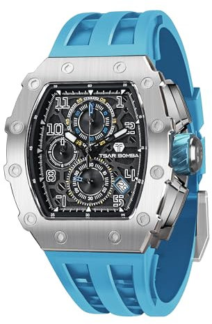 TSAR BOMBA Montre Homme Montre de Luxe Etanche 50M Tonneau Analogique Chronometre Squelette Carrée Grand Cadran Plongee Sport Montres Mouvement Japonais Bracelet Silicone Miroir Saphir Lumineux