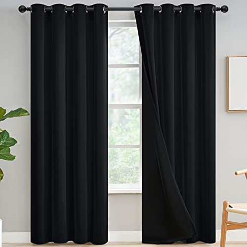 Yakamok 100% Verdunkelungsvorhänge für Schlafzimmer, 244.8 cm Länge, Gesamtlichtblockierende Vorhänge, Vollraumverdunkelung, Thermisch isoliert, solide Ösenpaneele für Wohnzimmer, Schwarz, 2 Paneele