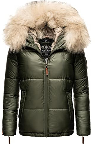 Navahoo Damen Winterjacke Steppjacke warm mit Kunstfellkapuze Tikunaa Olive Gr. XS