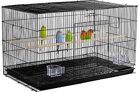 Yaheetech Bird Cage 77.5 x 46.5 x 46 cm with Slide-Out Tray Black | Flight Cage, Powder-Coated Iron, 2 Perches, 4 Feeder Doors, Flat Top, Bar Spacing 10mm