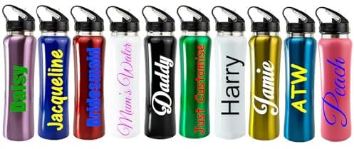 Personalised Children's Stainless Steel Water Drink Bottle with Flip Straw, Plastic Lid - Custom - Any Name, Word, Business, Sports, School, Promotional Merchandise