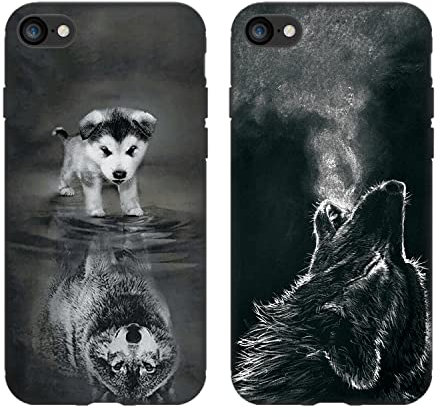 DiaryTown 2 Pack Hülle für iPhone SE 2022 5G / iPhone 8 Liquid Silikon Handyhülle mit Motiv Schutzhülle Ultra Dünn TPU Bumper Rundumschutz Schwarz Case für Cover iPhone SE 2020 / iPhone 7, Hund & Wolf
