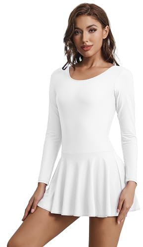 Aoylisey Damen Langarm Gymnastikanzug Tanzrock Body, Weiss/opulenter Garten, 3XL