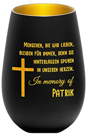 Teelicht-Halter aus Kristall mit personalisiert Gravur - Motiv: Kreuz mit Spruch - Farbe schwarz-Gold - runde Form - Windlicht, Kerzenhalter - robust - LED-Licht - Trauer, Gedenken, Andenken