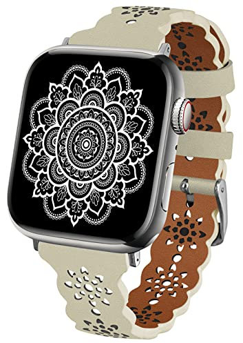 TopPerfekt Lace Leather strap Compatible Apple Watch 38mm 40mm 41mm Women Ultra Thin hollow out Breathable Leather strap Classic Clasp for iWatch Collection Ultra SE 8 7 6 5 4 3 2 1 Apricot
