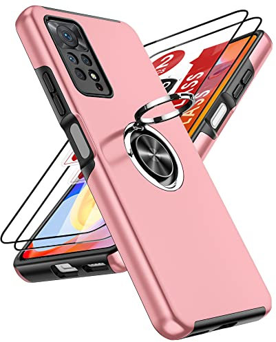 LeYi Funda para Xiaomi Redmi Note 12 Pro 4G/Redmi Note 11 Pro 4G/5G con [2-Unidades] Cristal Templado, Armor Carcasa con 360 Grados Metálico Anillo Hard PC Silicona Bumper Antigolpes Case, Rosa