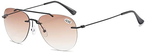 Lanomi Bifokale Pilot Lesebrille Blaulichtfilter Rahmenlose Sonnenbrille Leichte UV400 Schutz Outdoor Lesehilfe Sehhilfe Randlos Sonne Brille mit Stärke Schwarz Rahmen Braun Linse 3.5